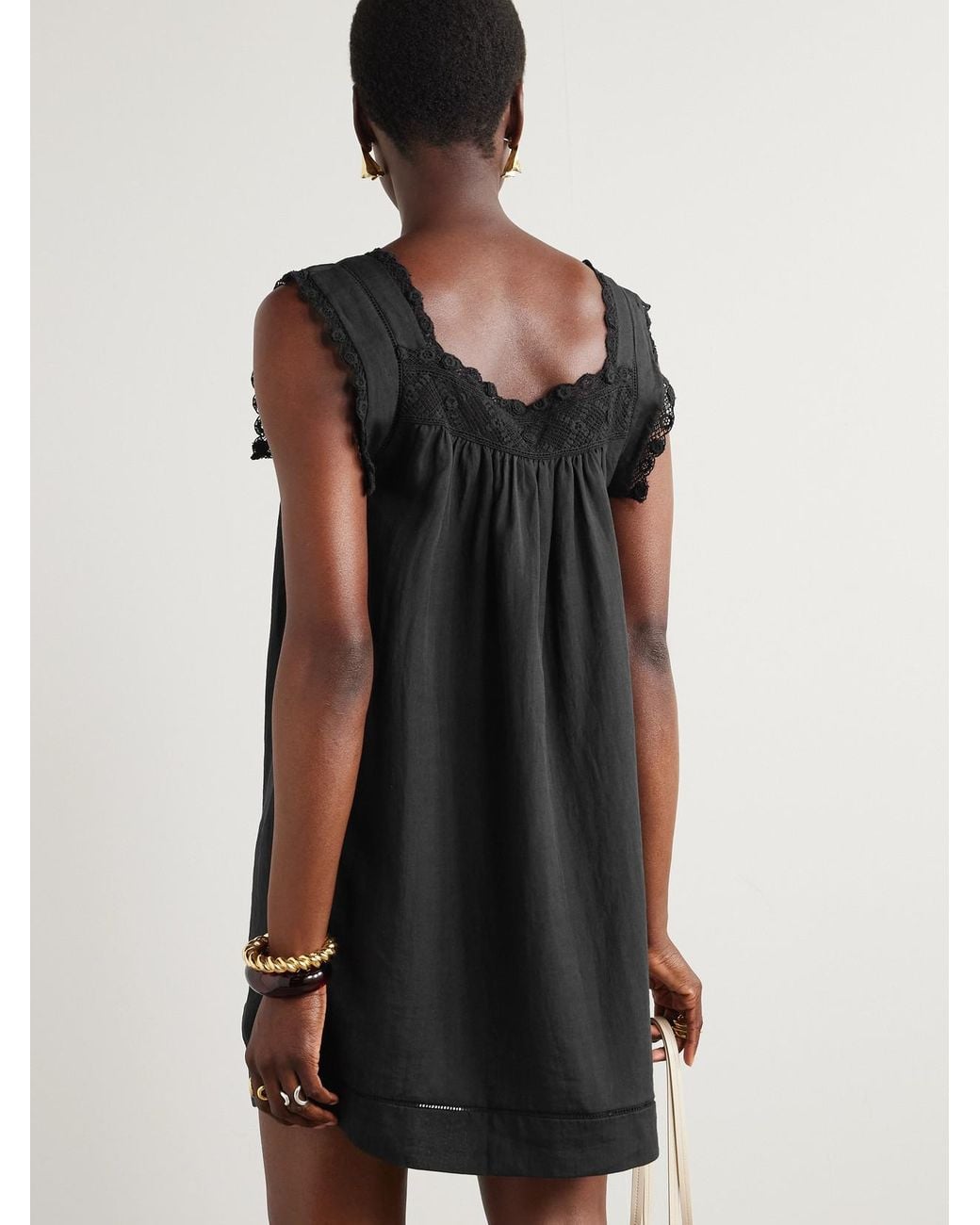 Doen Black Almadia Crochet-Knit Trimmed Ramie Mini Dress