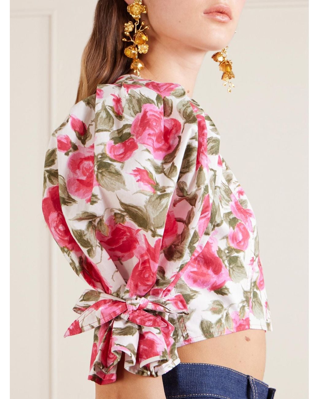 Chloé Red Cropped Floral-Print Cotton-Poplin Top
