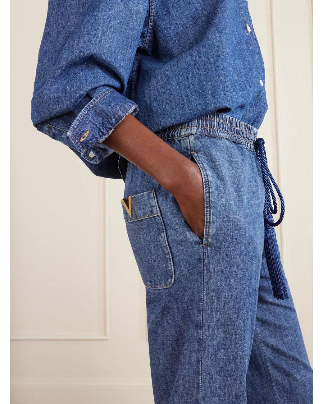 Valentino Garavani Blue Tasseled High-Rise Bootcut Jeans