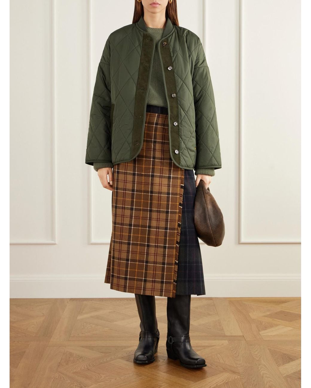 Barbour Brown Hazelwood Two-Tone Pleated Checked Flannel Midi Skirt