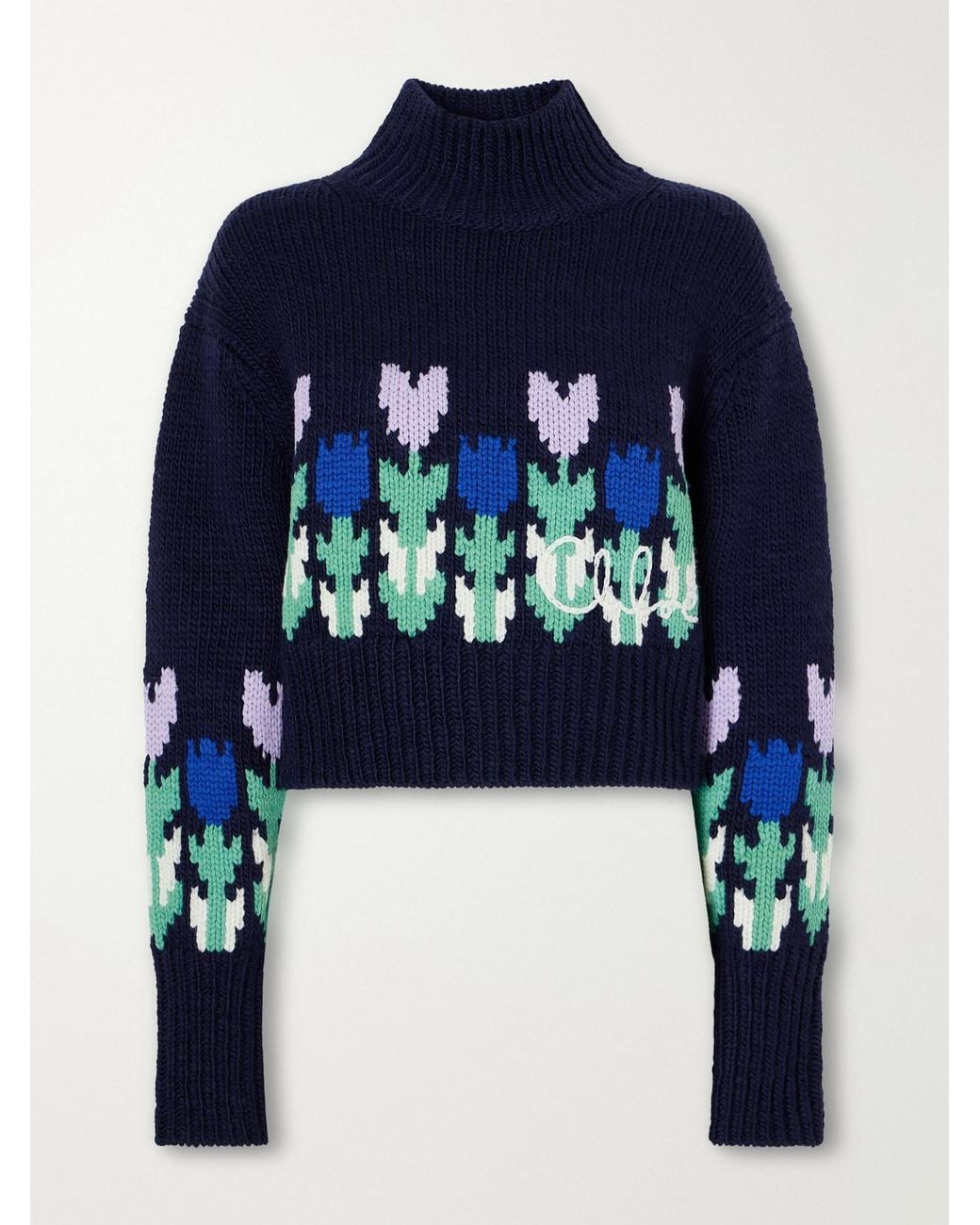 Chloé Blue Cropped Mock-Neck Floral-Intarsia Wool Sweater