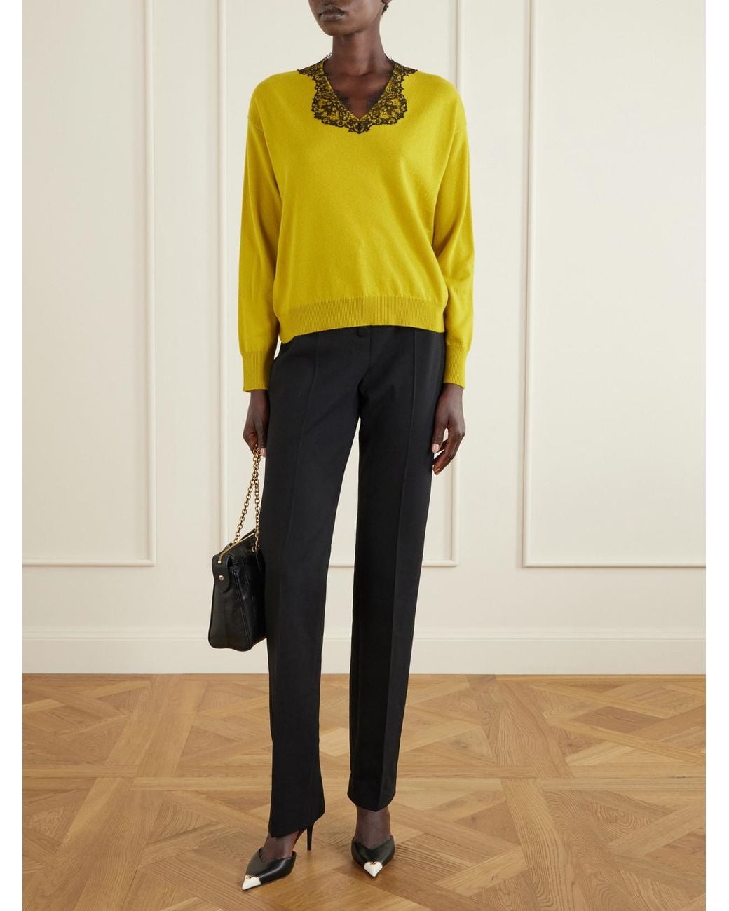 Valentino Garavani Yellow Lace-Trimmed Cashmere Sweater