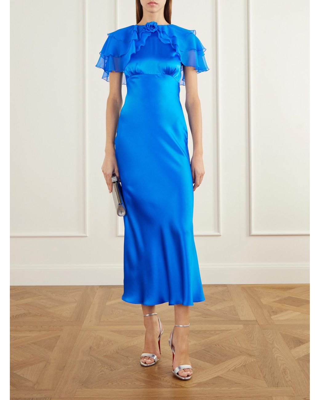 Rodarte Blue Ruffled Cape-Effect Floral-Appliquéd Silk-Satin Midi Dress