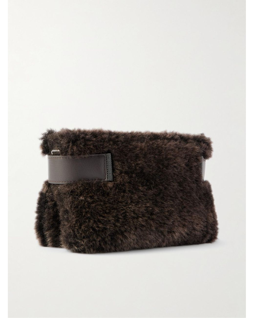Brunello Cucinelli Black Bead-Embellished Leather-Trimmed Shearling Clutch