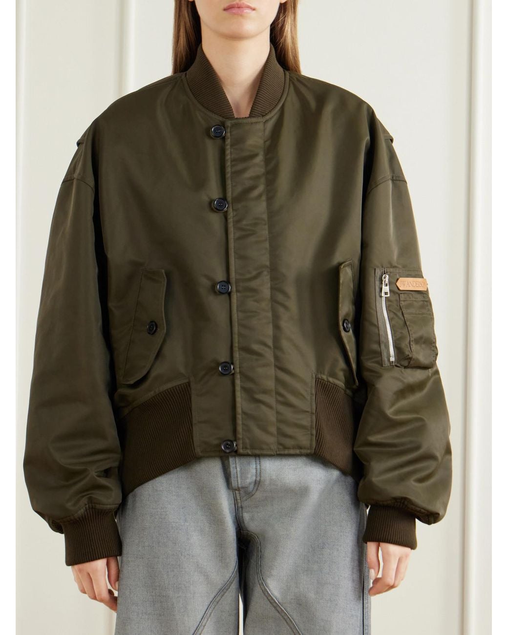 J.W. Anderson Green Oversized Tipped Hem Rib-Trimmed Satin Bomber Jacket