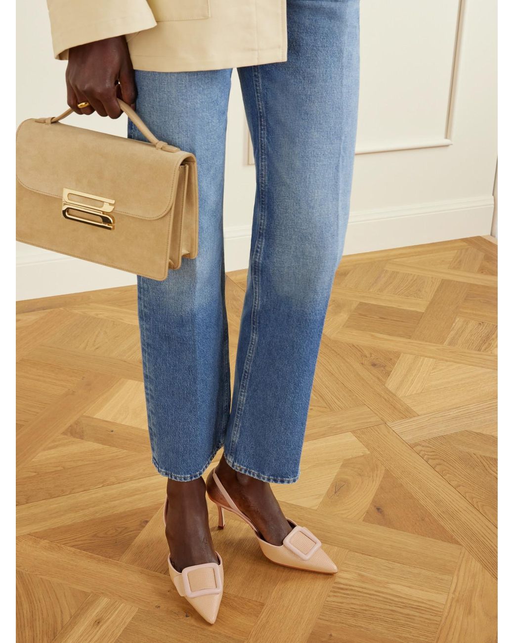 Manolo Blahnik Natural Mayslibi 70 Lizard-Effect Leather Slingback Pumps