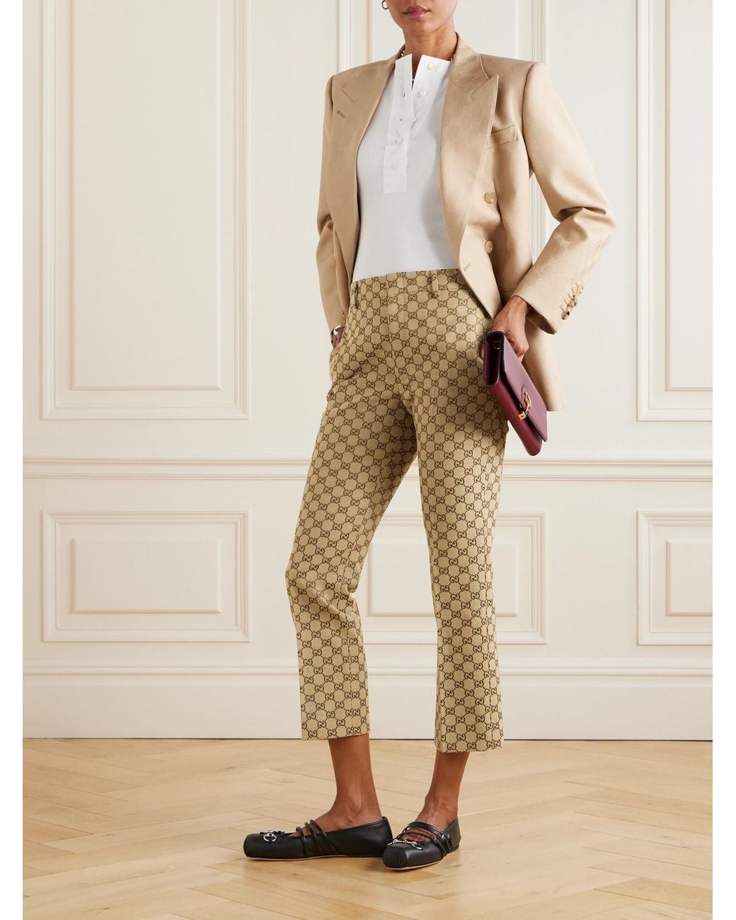 Gucci Natural Cropped Cotton-Blend Canvas-Jacquard Straight-Leg Pants