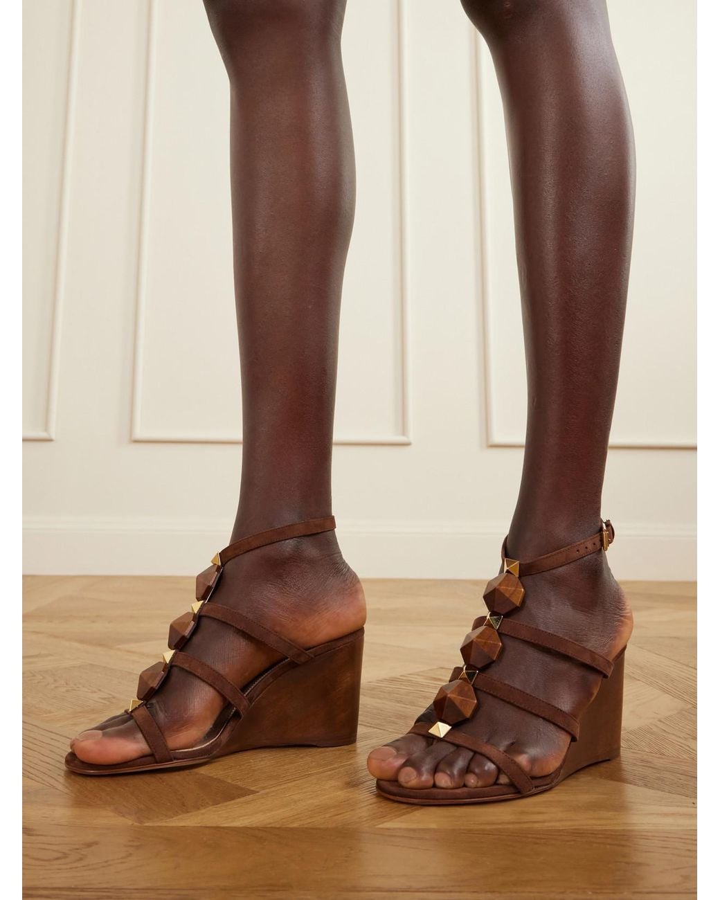 Gianvito Rossi Brown 70 Embellished Wood-Trimmed Suede Wedge Sandals