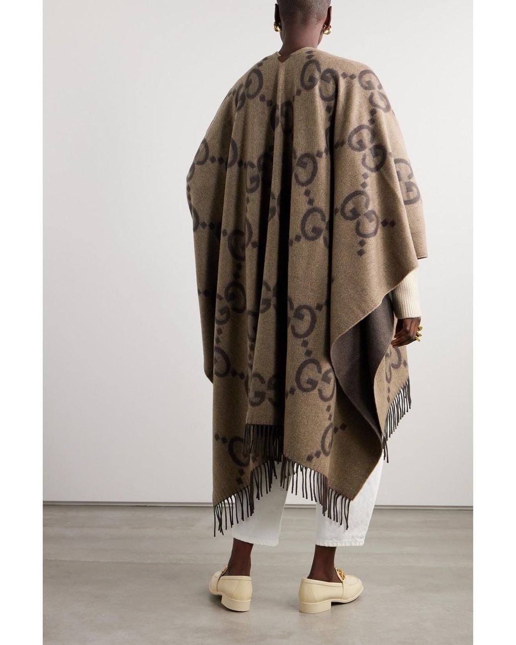 Gucci Brown Reversible Fringed Jacquard-Knit Cashmere Wrap