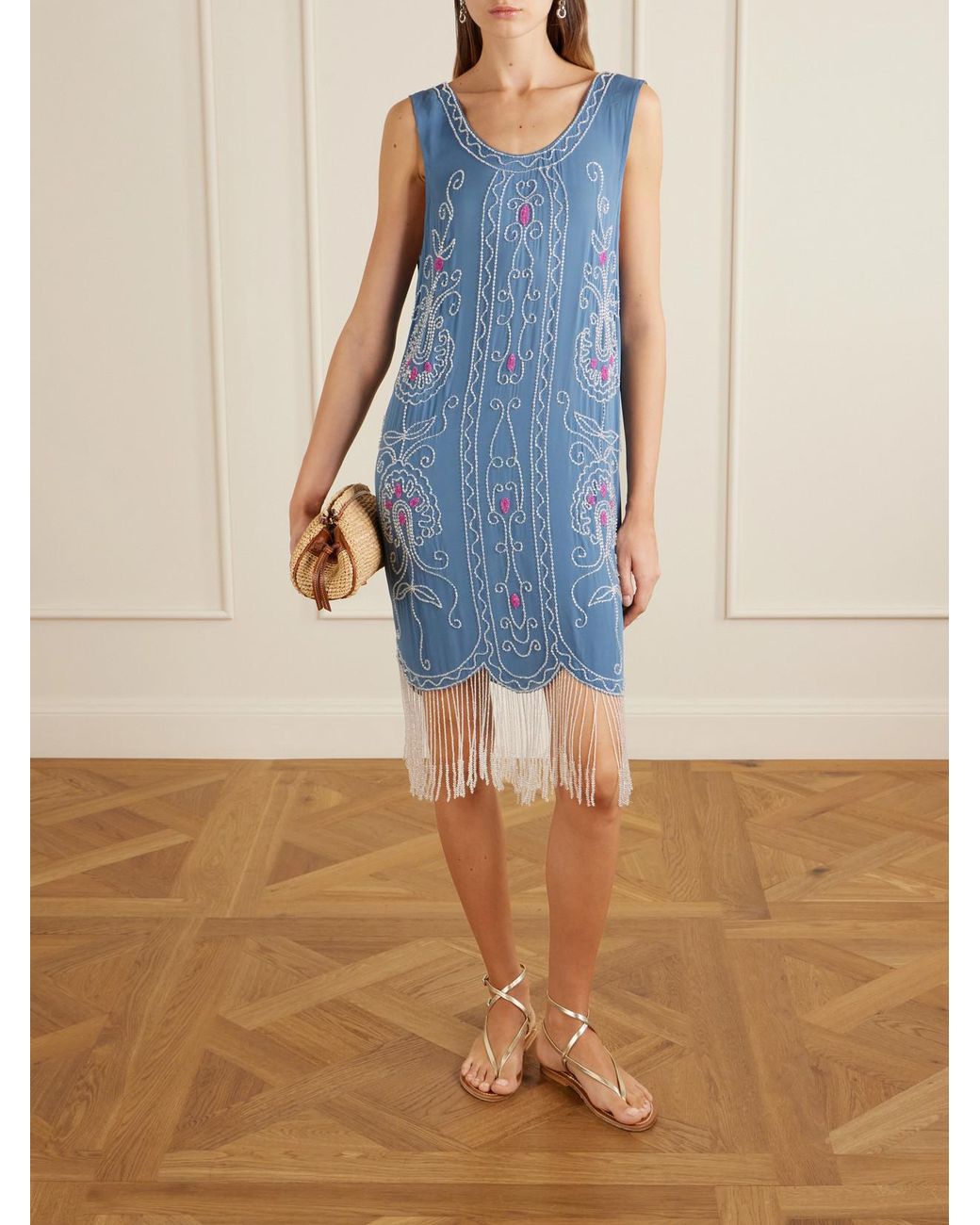 Bode Blue Sea Flower Beaded Silk Dress