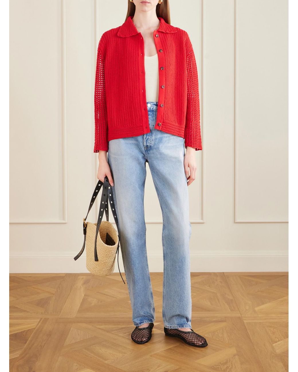Escvdo Red Solar Open-Knit Cotton Cardigan