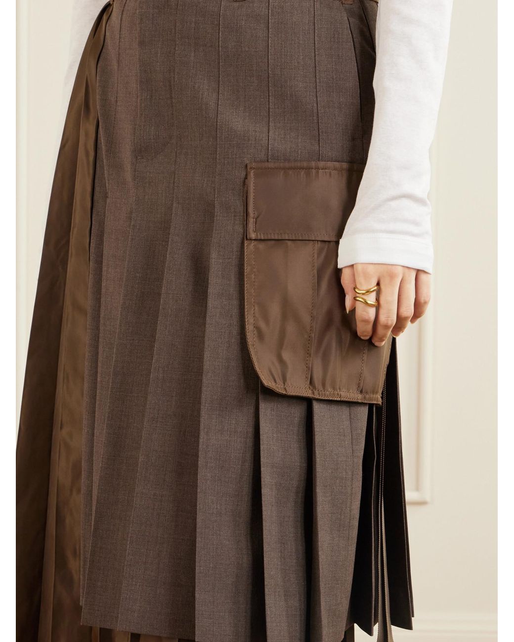 Sacai Natural Pleated Twill And Shell Midi Skirt