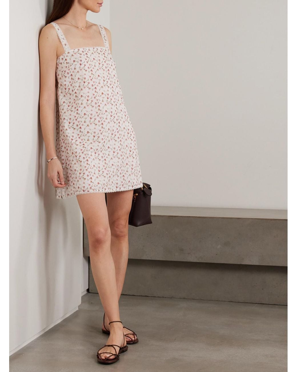 Posse Natural Charlotte Lace-Trimmed Floral-Print Cotton Mini Dress