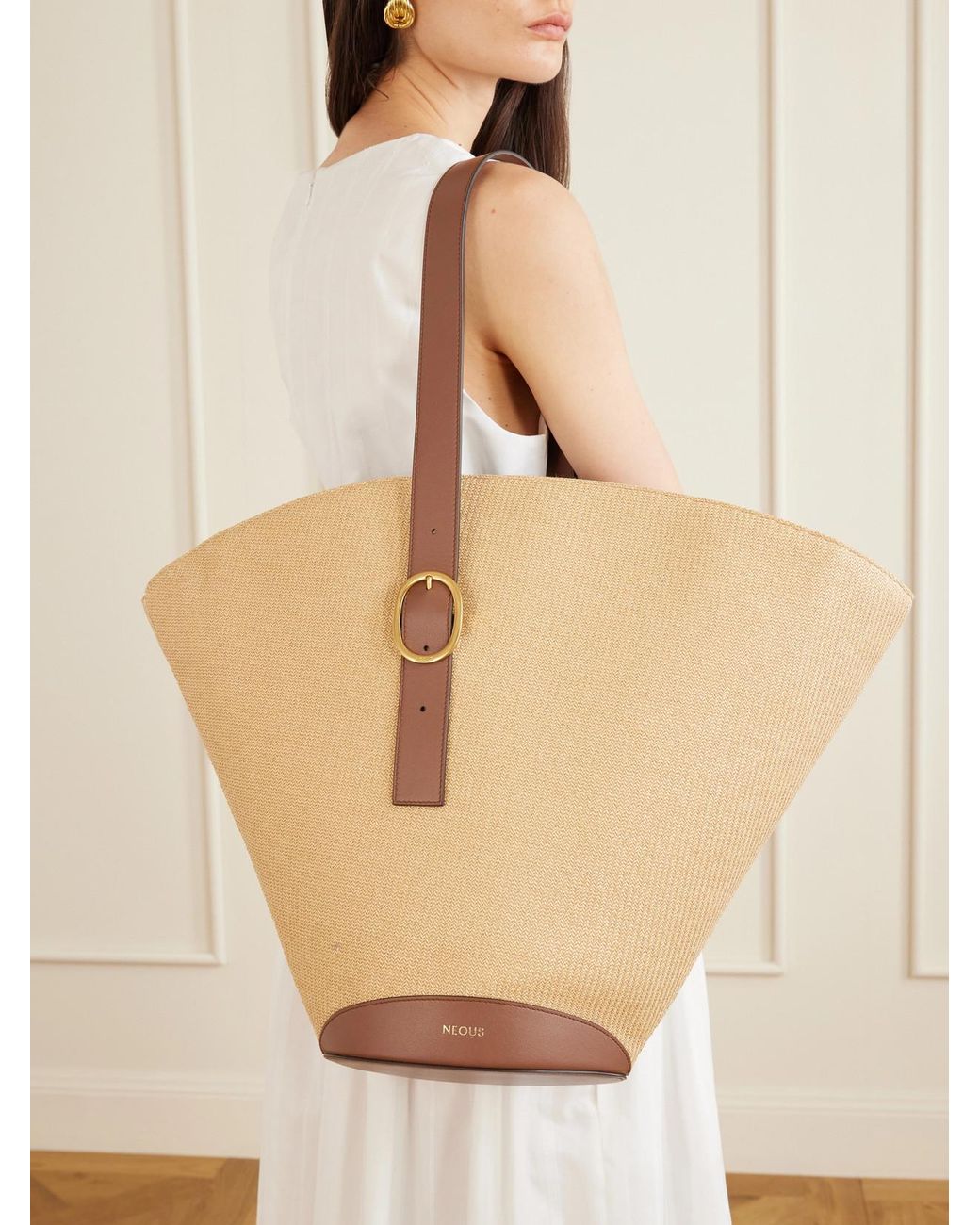 Neous Natural Apheli Leather-Trimmed Raffia Shoulder Bag