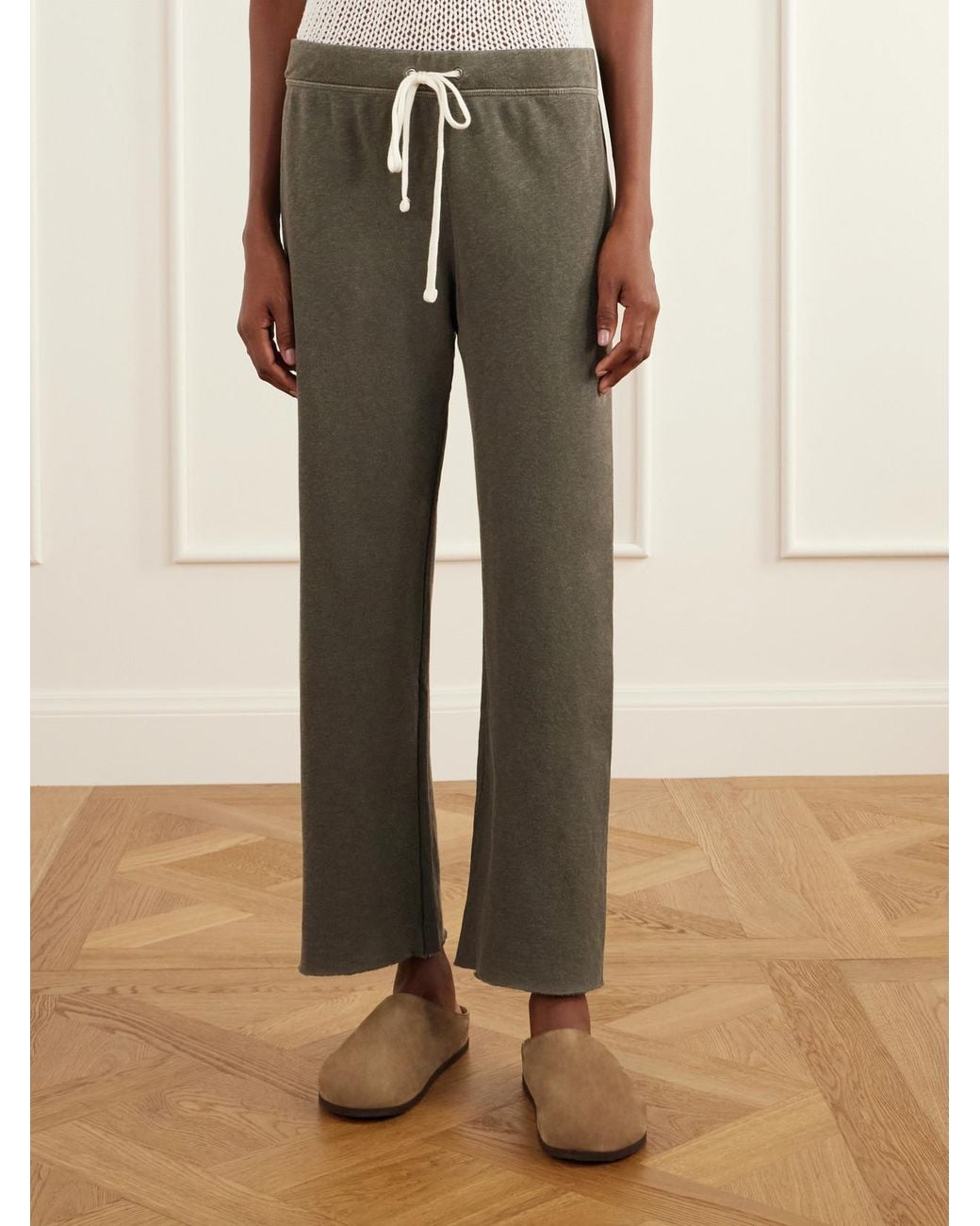 James Perse Green Cropped Brushed Cotton-Terry Track Pants