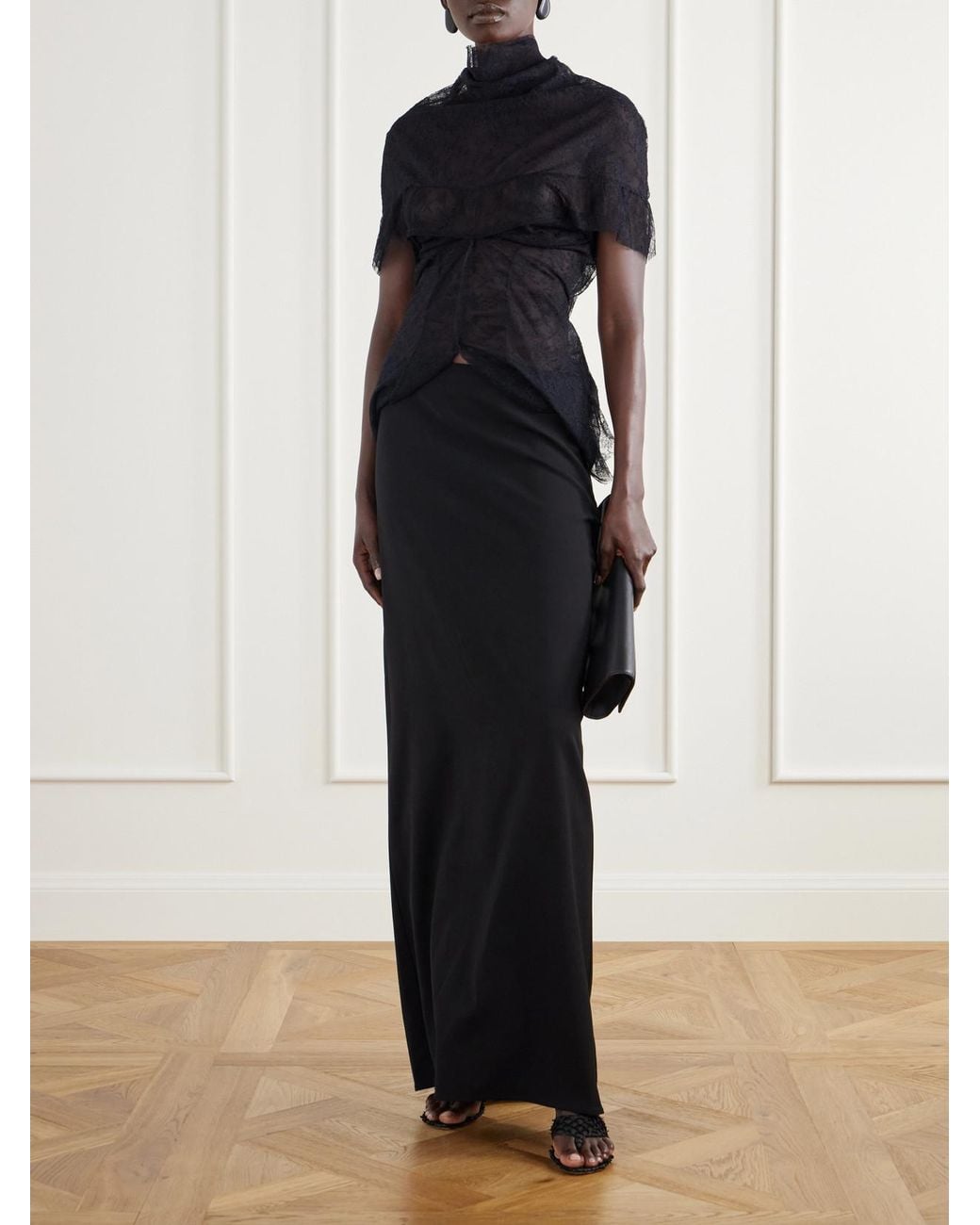Colleen Allen Black Draped Ruffled Lace Blouse