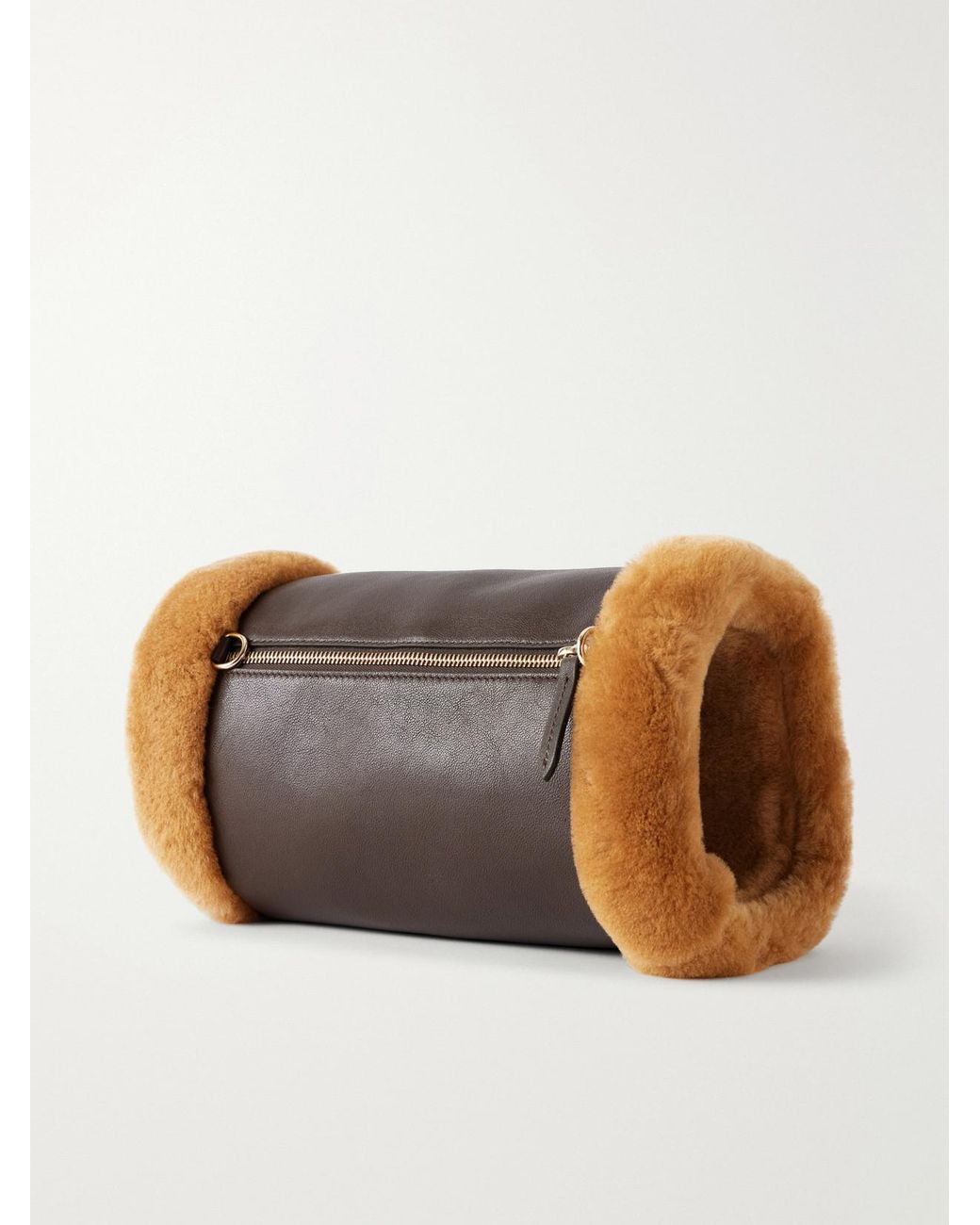 Jimmy Choo Brown Logo-Embroidered Shearling-Trimmed Leather Handwarmer