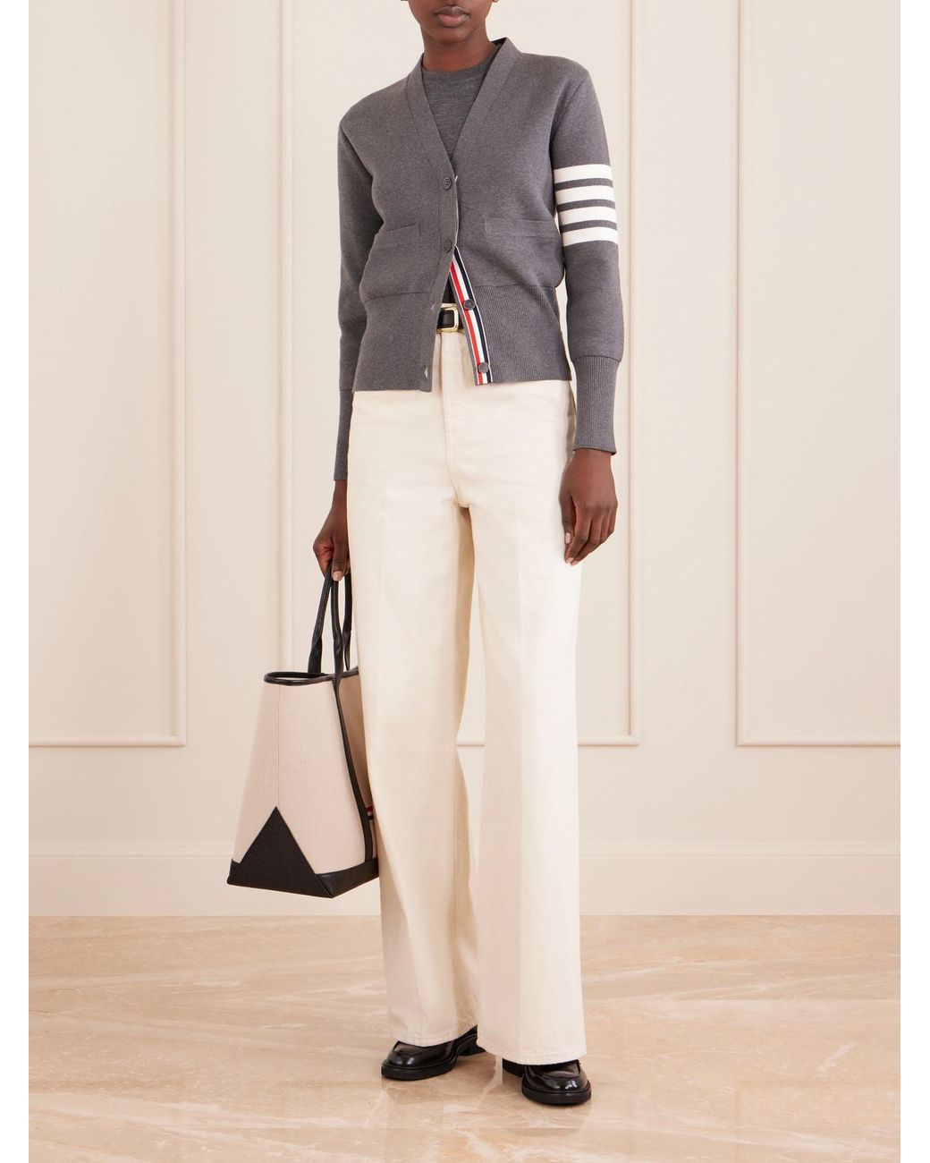 Thom Browne Gray Grosgrain-Trimmed Striped Wool-Blend Sweater