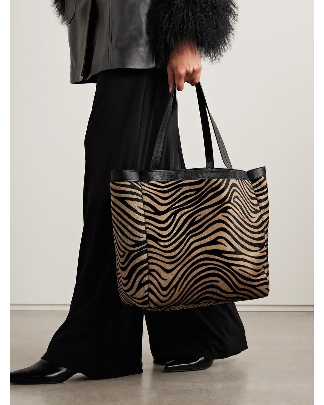 Nili Lotan Black Loren Medium Textured-Leather Trimmed Zebra-Print Calf Hair Tote
