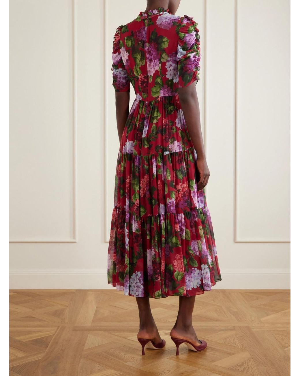 Carolina Herrera Tie-Detailed Ruffled Tiered Floral-Print Silk-Chiffon Midi Dress