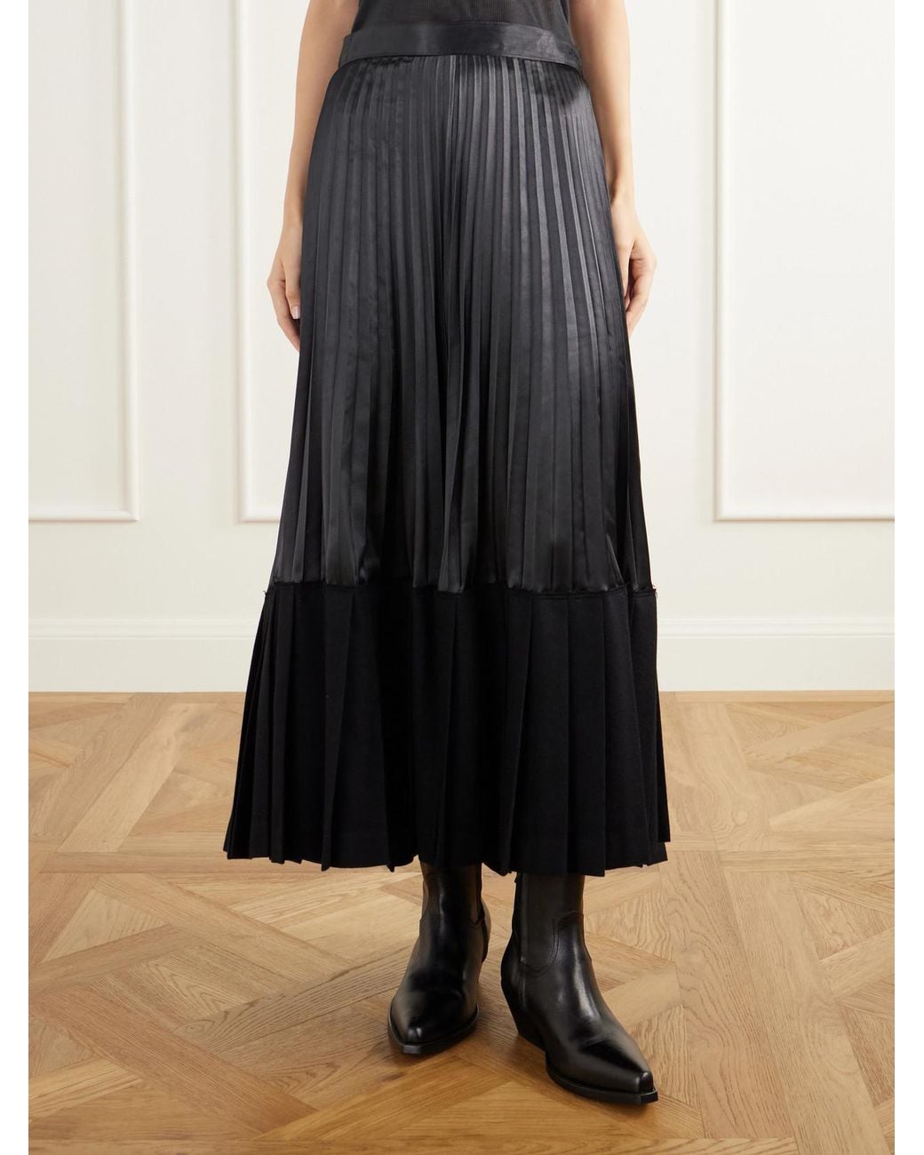 Junya Watanabe Black Layered Pleated Wool-Blend Flannel And Satin Maxi Skirt