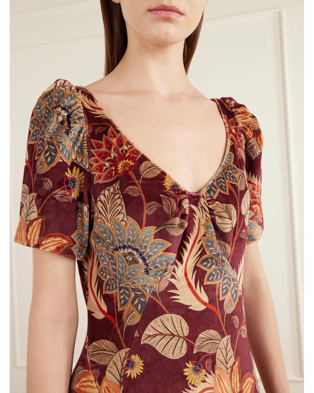 Farm Rio Red Delhi Printed Velvet Midi Dress