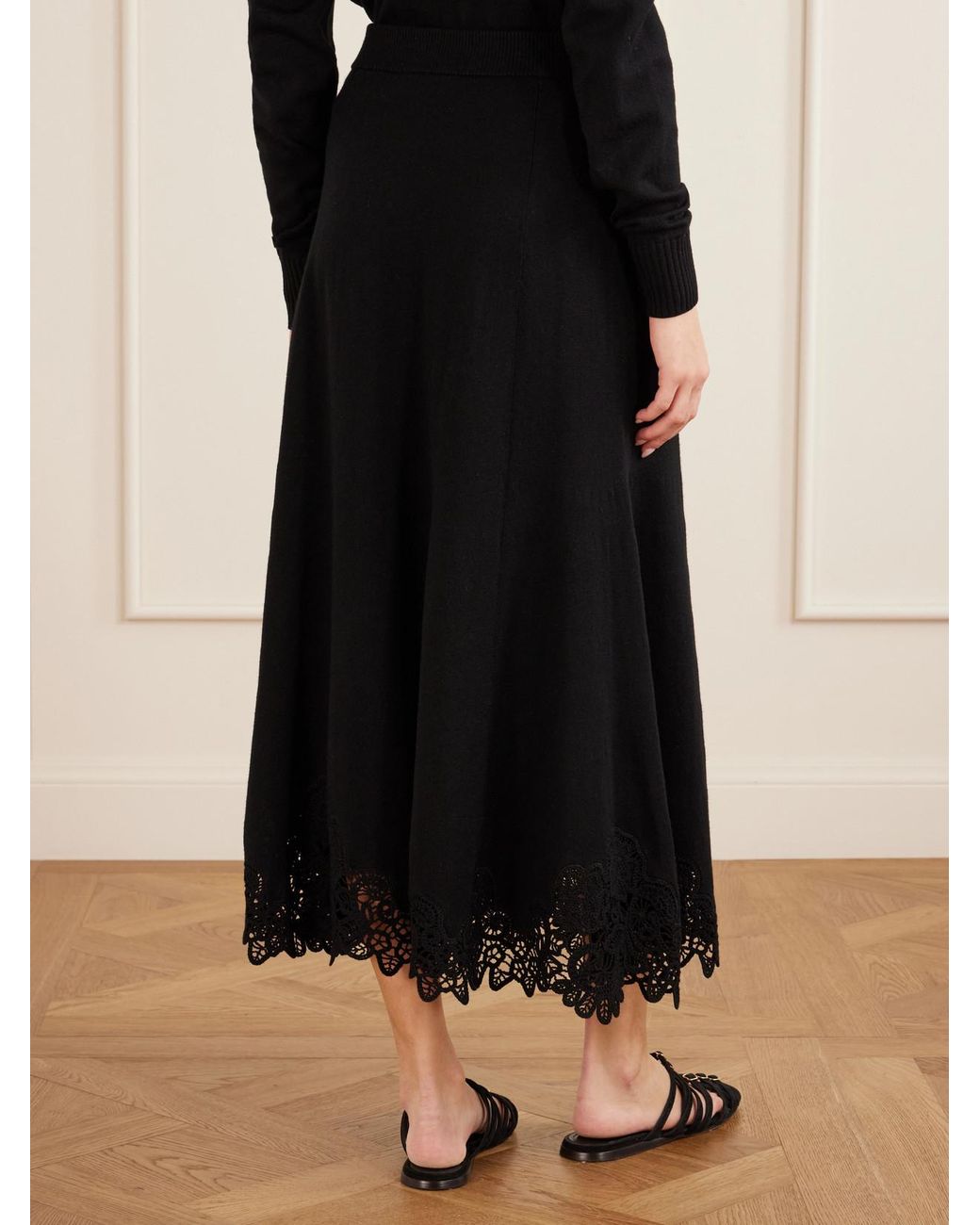Zimmermann Black Valiant Lace-Trimmed Wool Midi Skirt