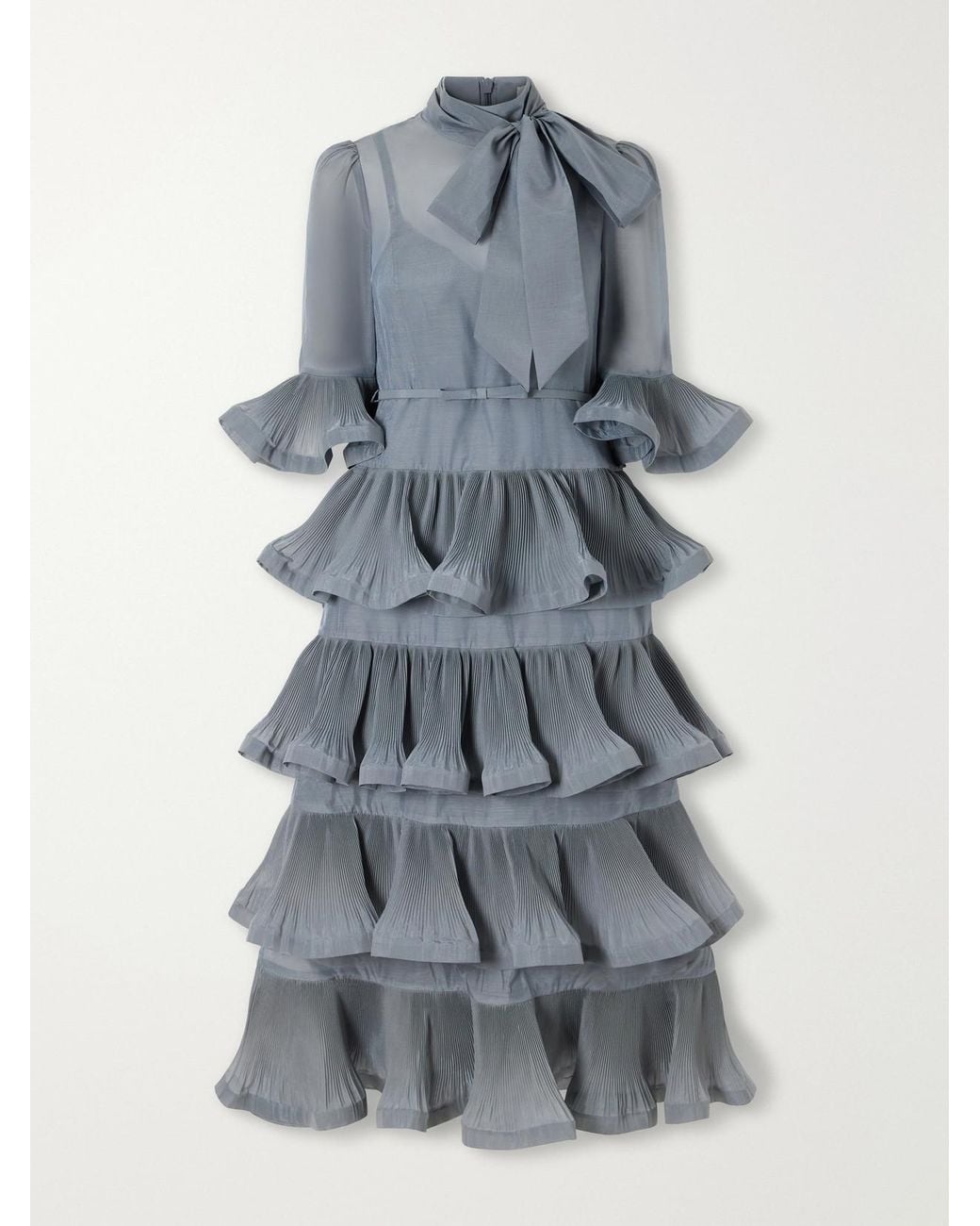 Zimmermann Blue Pussy-Bow Ruched Tiered Plissè Organza Midi Dress