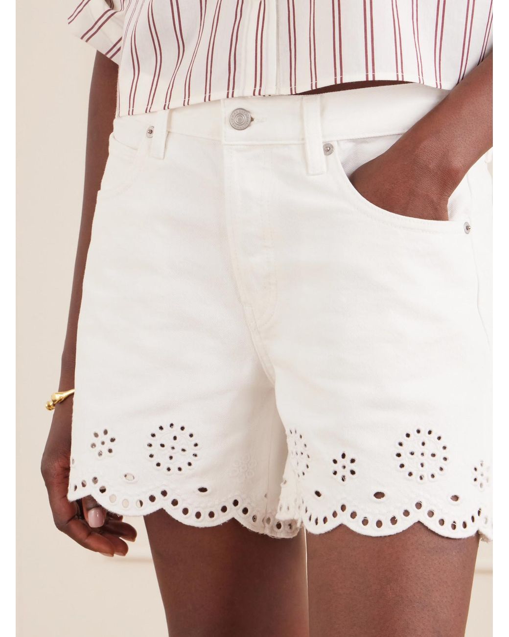 FRAME White Broderie Anglaise-Trimmed Denim Shorts