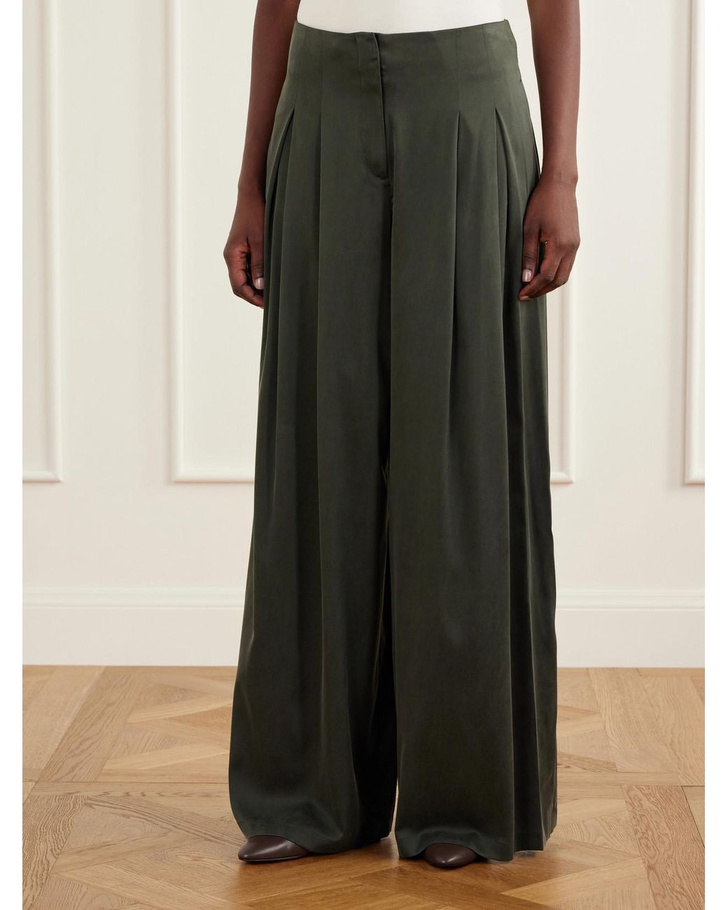 Twp Green Drew Pleated Silk-Blend Charmeuse Mid-Rise Wide-Leg Pants