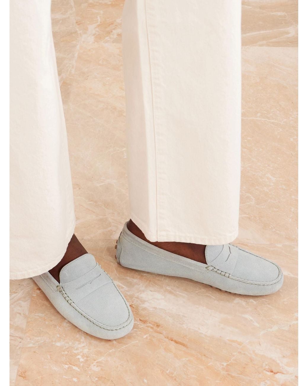 Tod's White Gommino Suede Loafers