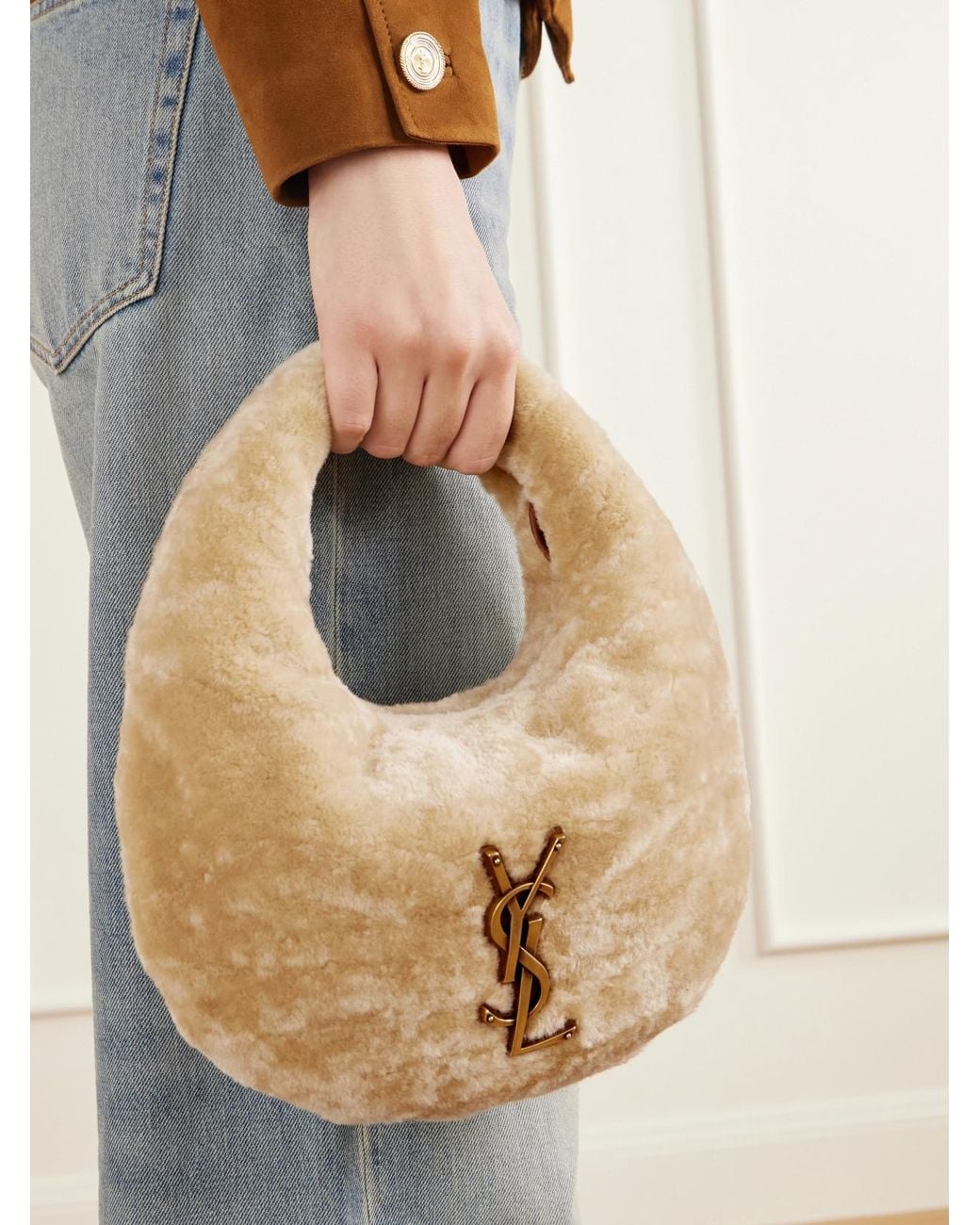 Saint Laurent Natural Icarino Cassandre-Embellished Shearling Mini Bag