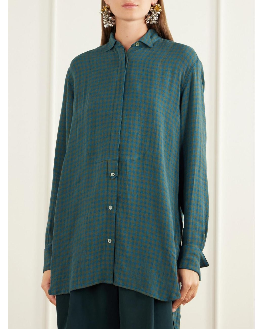 Dries Van Noten Green Paneled Checked Crepe Shirt