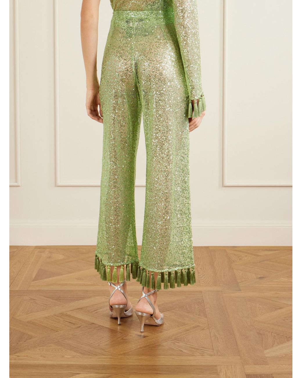 Taller Marmo Green Sequined Fringed Flared Pants