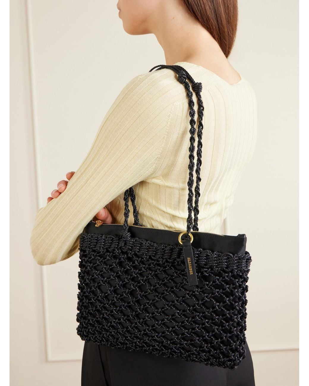 Jil Sander Black Tangle Net Satin And Cotton Cord Shoulder Bag