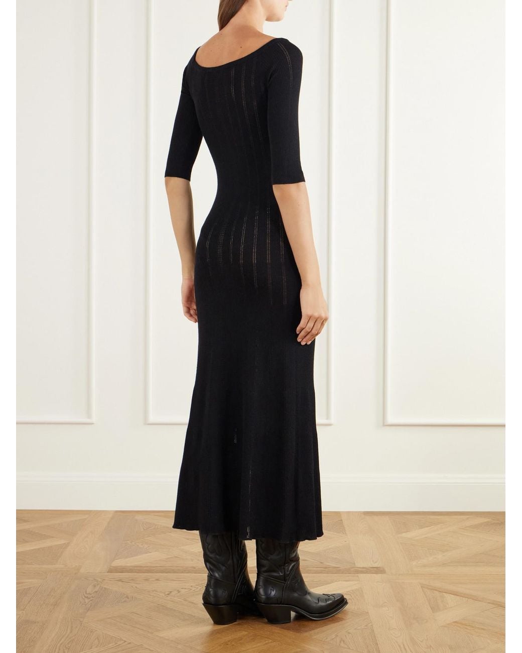 Gabriela Hearst Black Vivia Ribbed Pointelle-Knit Wool Midi Dress