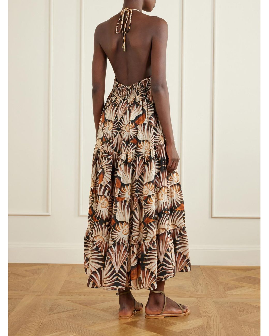 Farm Rio Natural Embellished Printed Shirred Tiered Georgette Halterneck Midi Dress