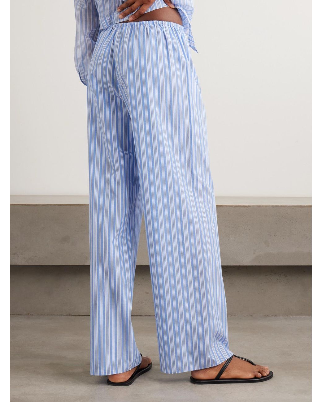 Doen Blue Lavona Striped Organic Cotton Straight-Leg Pants