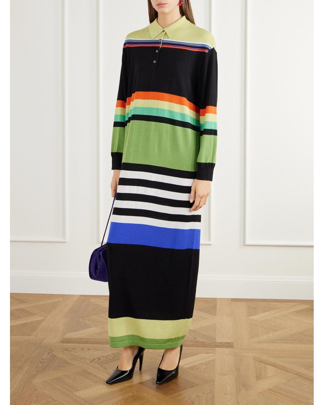 Christopher John Rogers Green Striped Merino Wool And Silk-Blend Maxi Dress