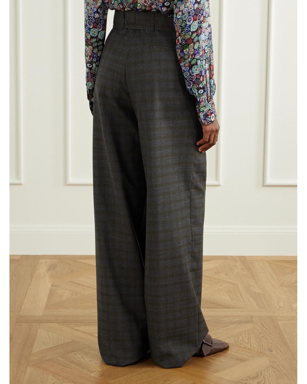 Dries Van Noten Gray Belted Checked Wool Wide-Leg Pants