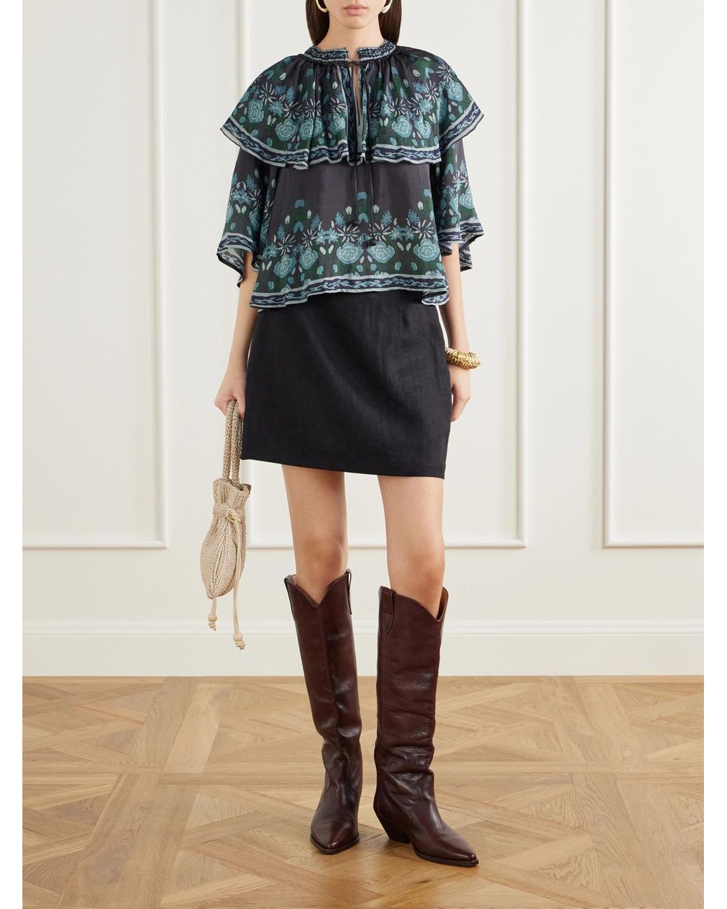 Sea Gray Tulla Cape-Detailed Printed Habotai Blouse