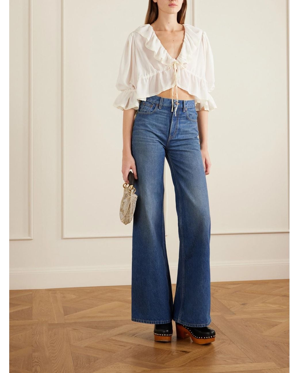 Chloé Natural Lace-Trimmed Ruffled Silk-Georgette Blouse