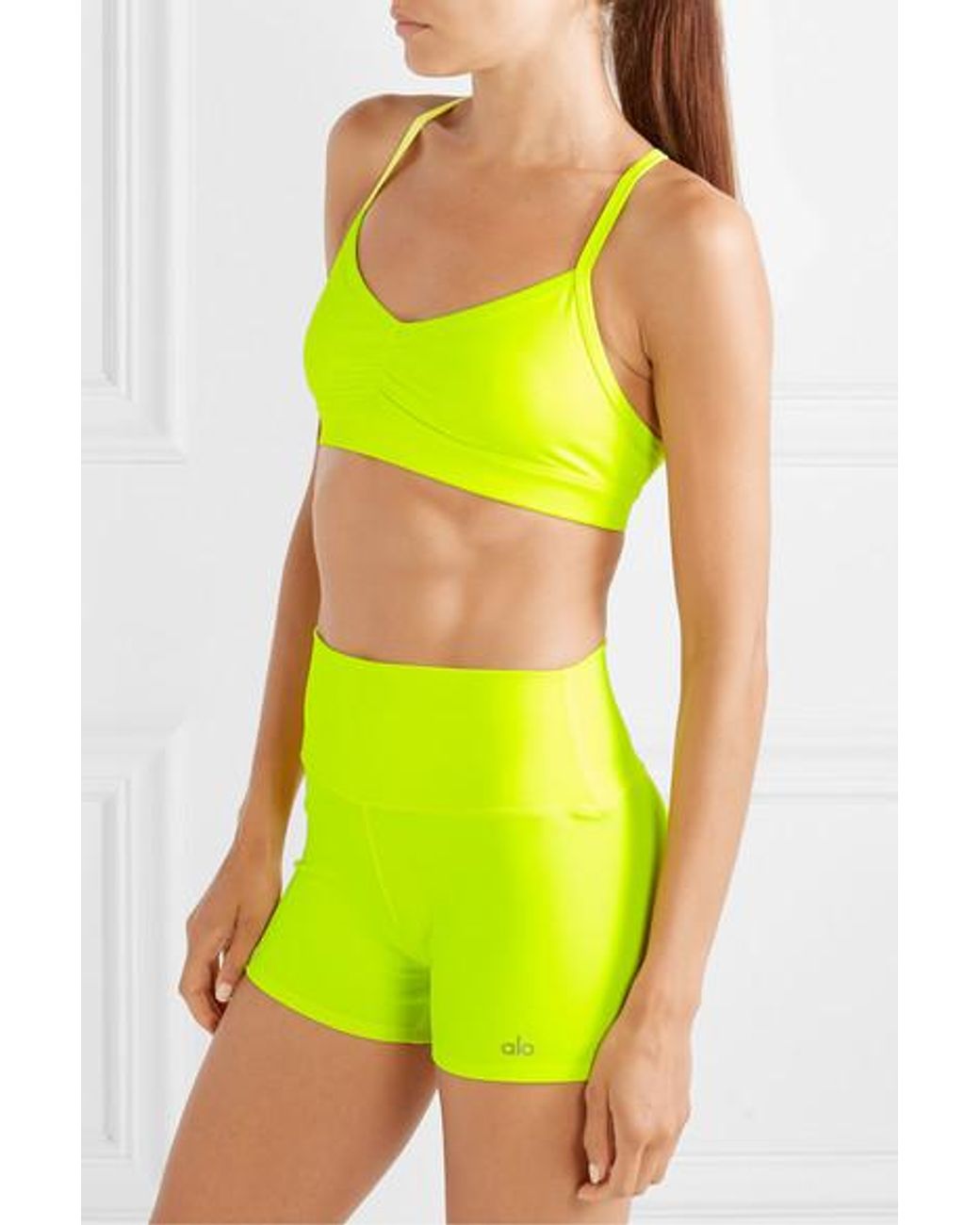 Alo Yoga Sunny Neon Ruched Stretch Sports Bra in Yellow