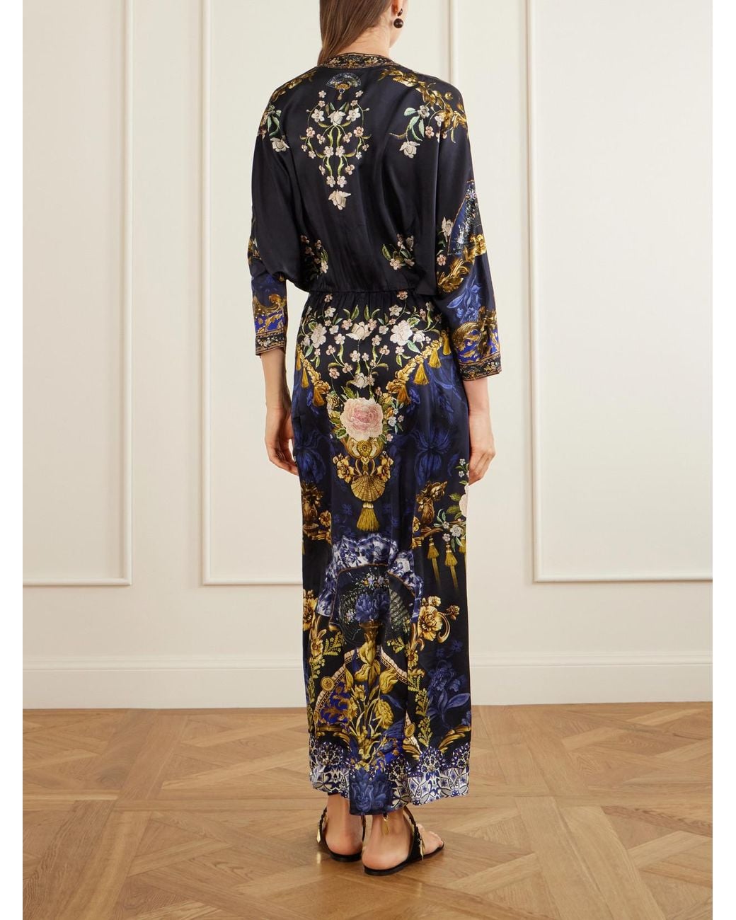 Camilla Blue Gathered Embellished Printed Silk Maxi Dress