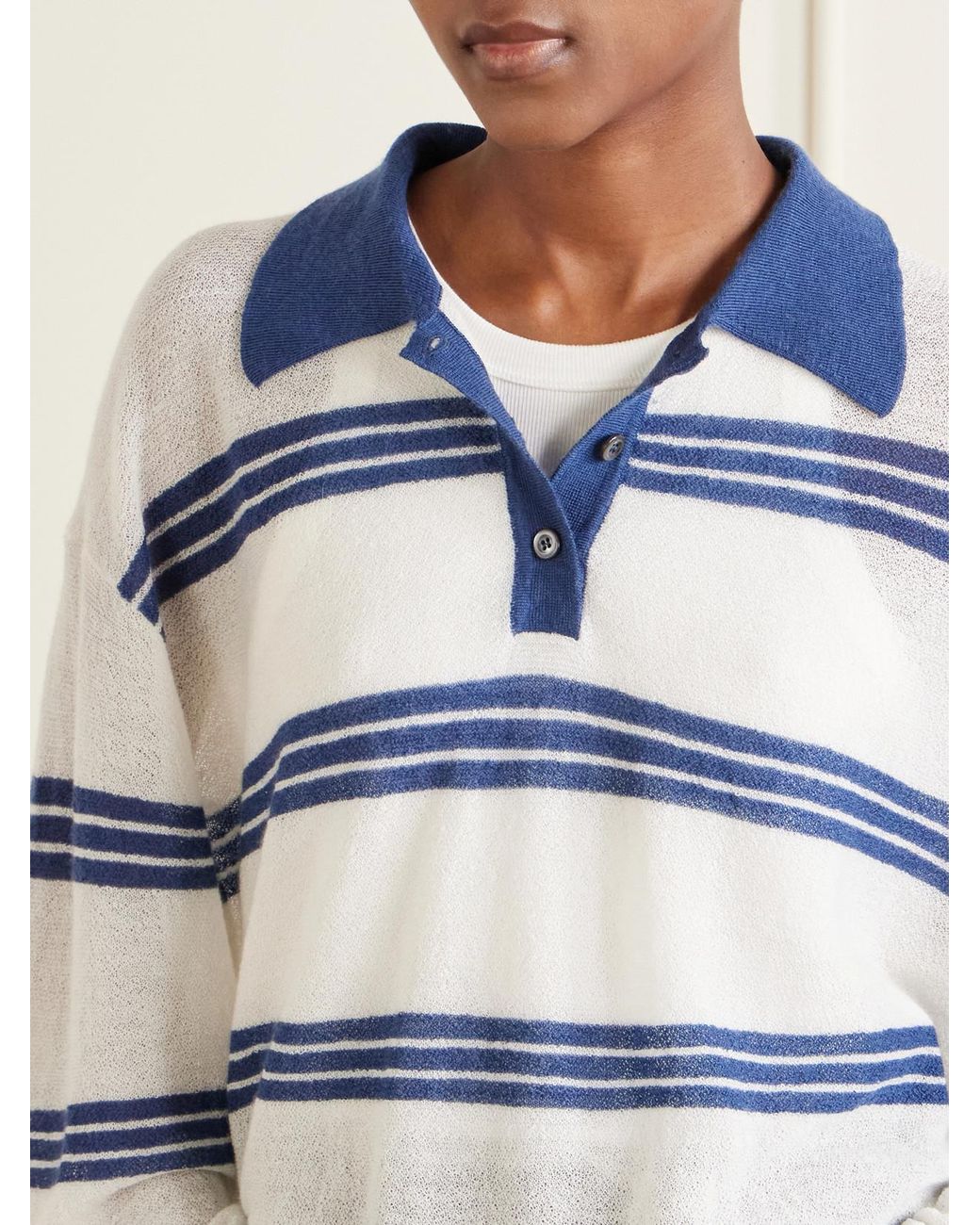 The Elder Statesman Blue Striped Cashmere And Mohair-Blend Polo Shirt