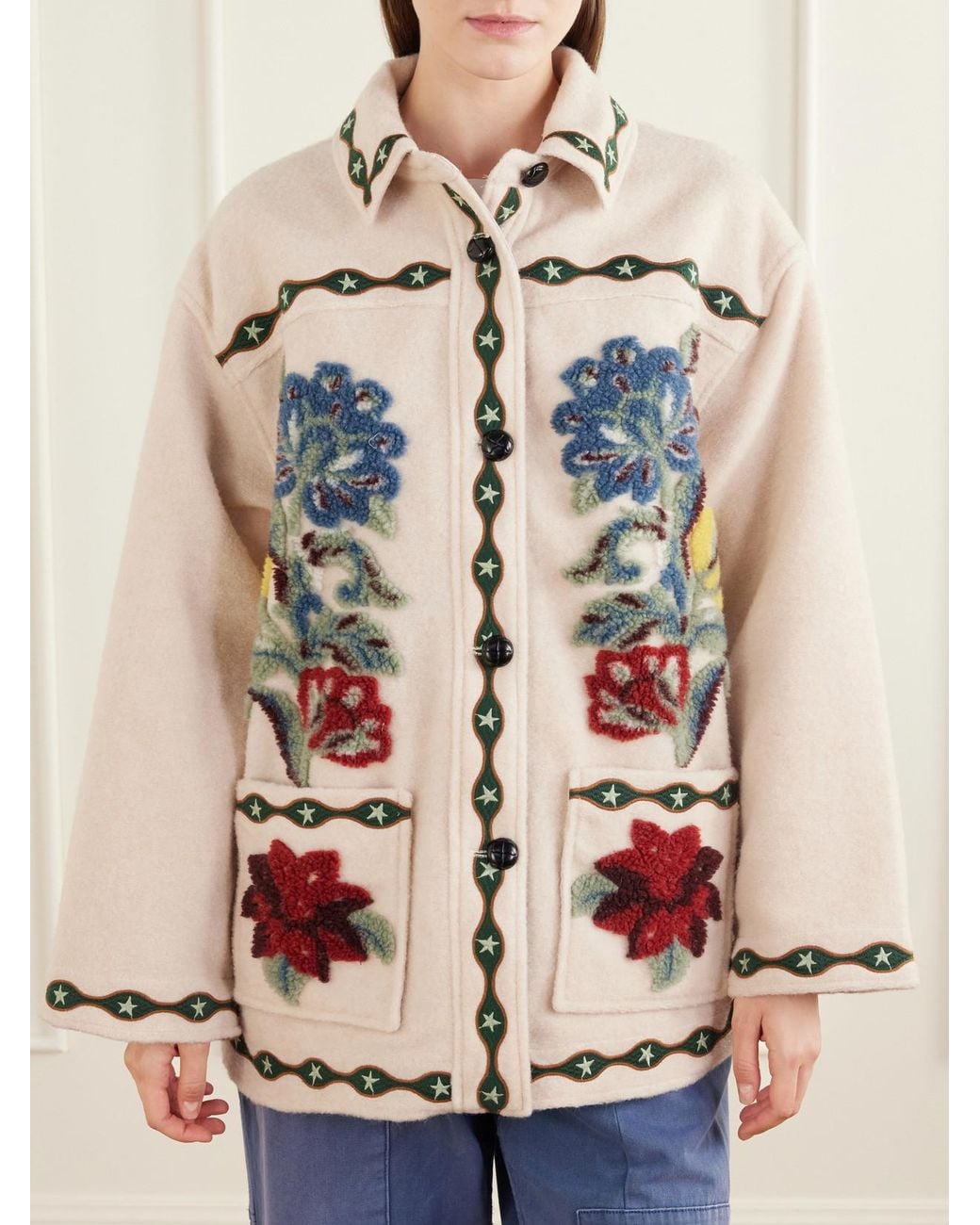 Farm Rio White Embroidered Tufted Fleece Coat