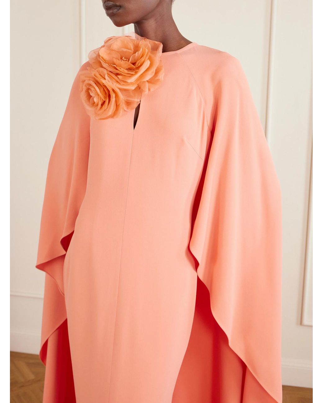 Elie Saab Pink Appliquéd Cape-Effect Cady Gown