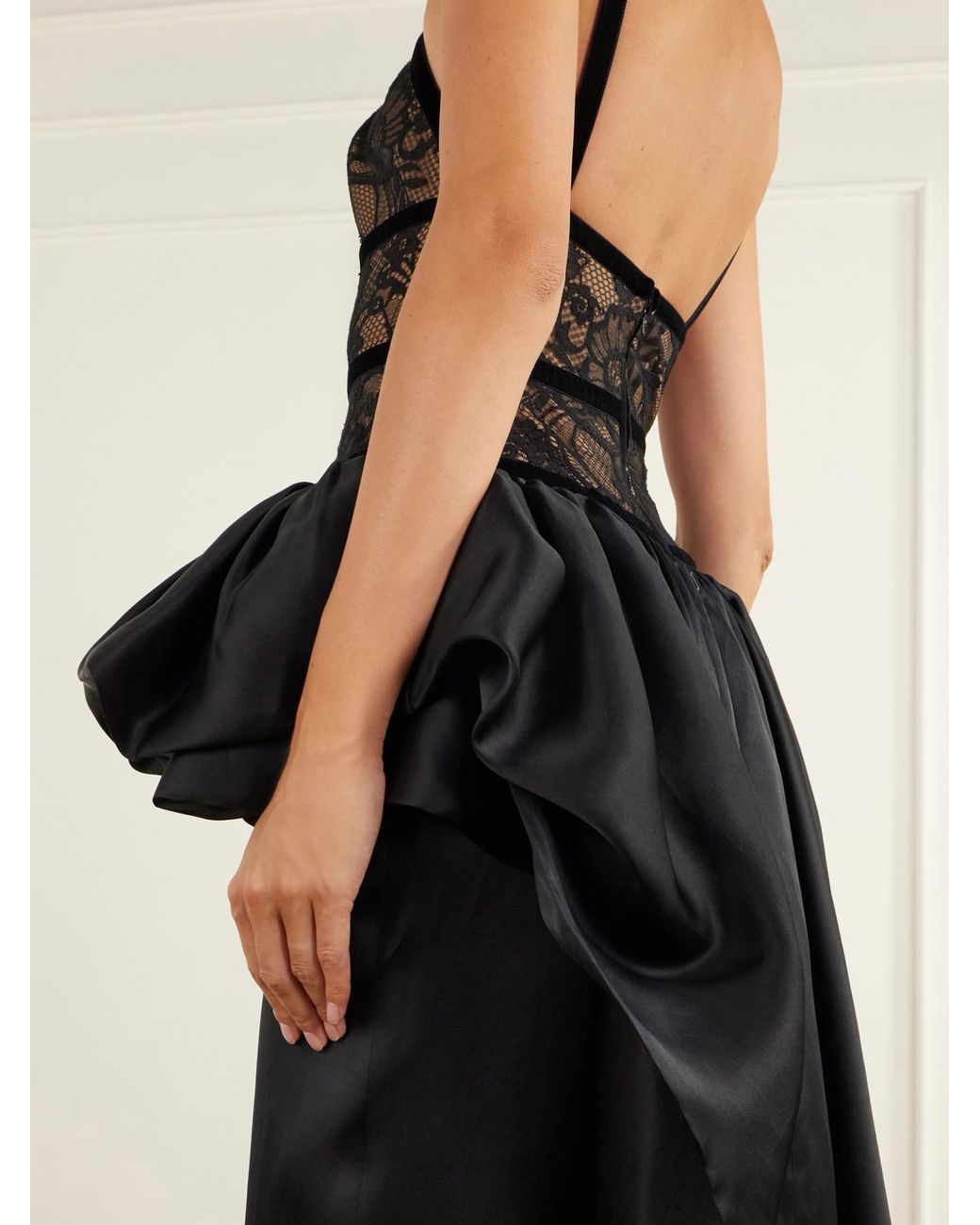 Elie Saab Black Peplum Trail-Hem Lace-Trimmed Silk-Blend Gown