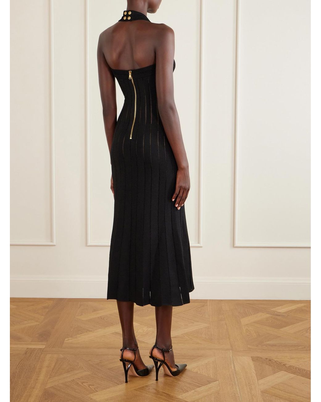 Balmain Black Flechage Jersey Halterneck Midi Dress