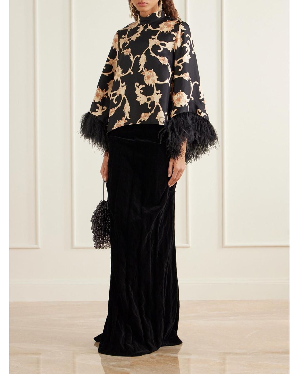 LaDoubleJ Black Make An Exit Feather-Trimmed Printed Silk-Twill Blouse
